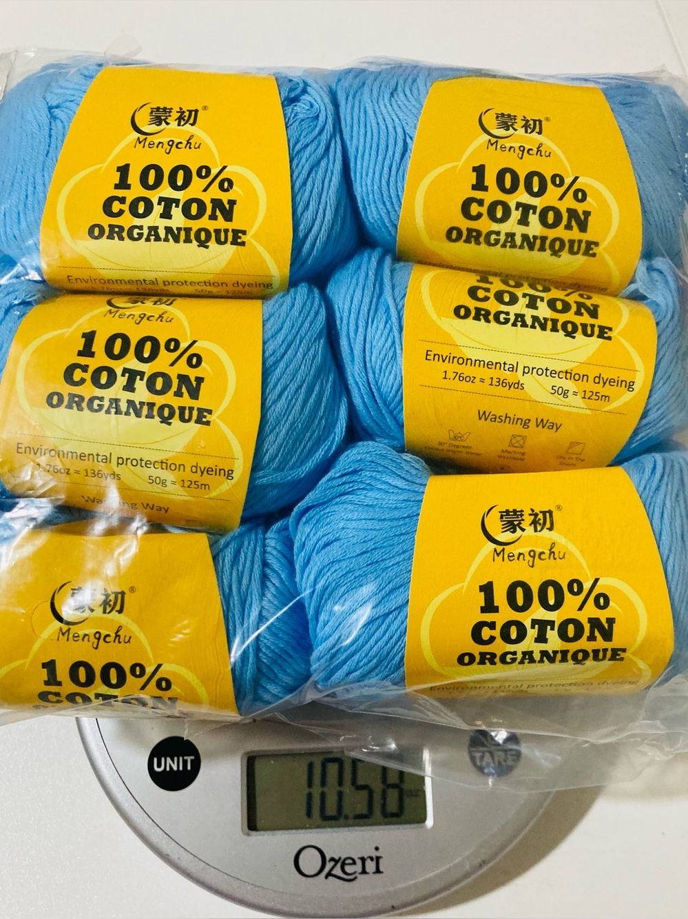 NWT 6 Mengchu 100% Organic Cotton Yarn Color: Sky Blue ~48g ea 10 oz total